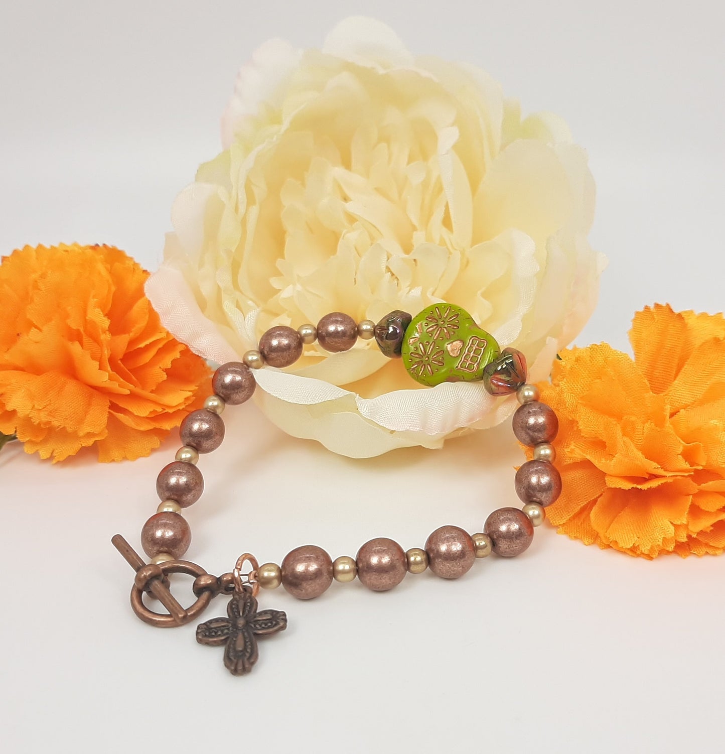 Chartreuse Skull + Latte Czech Glass Bracelet