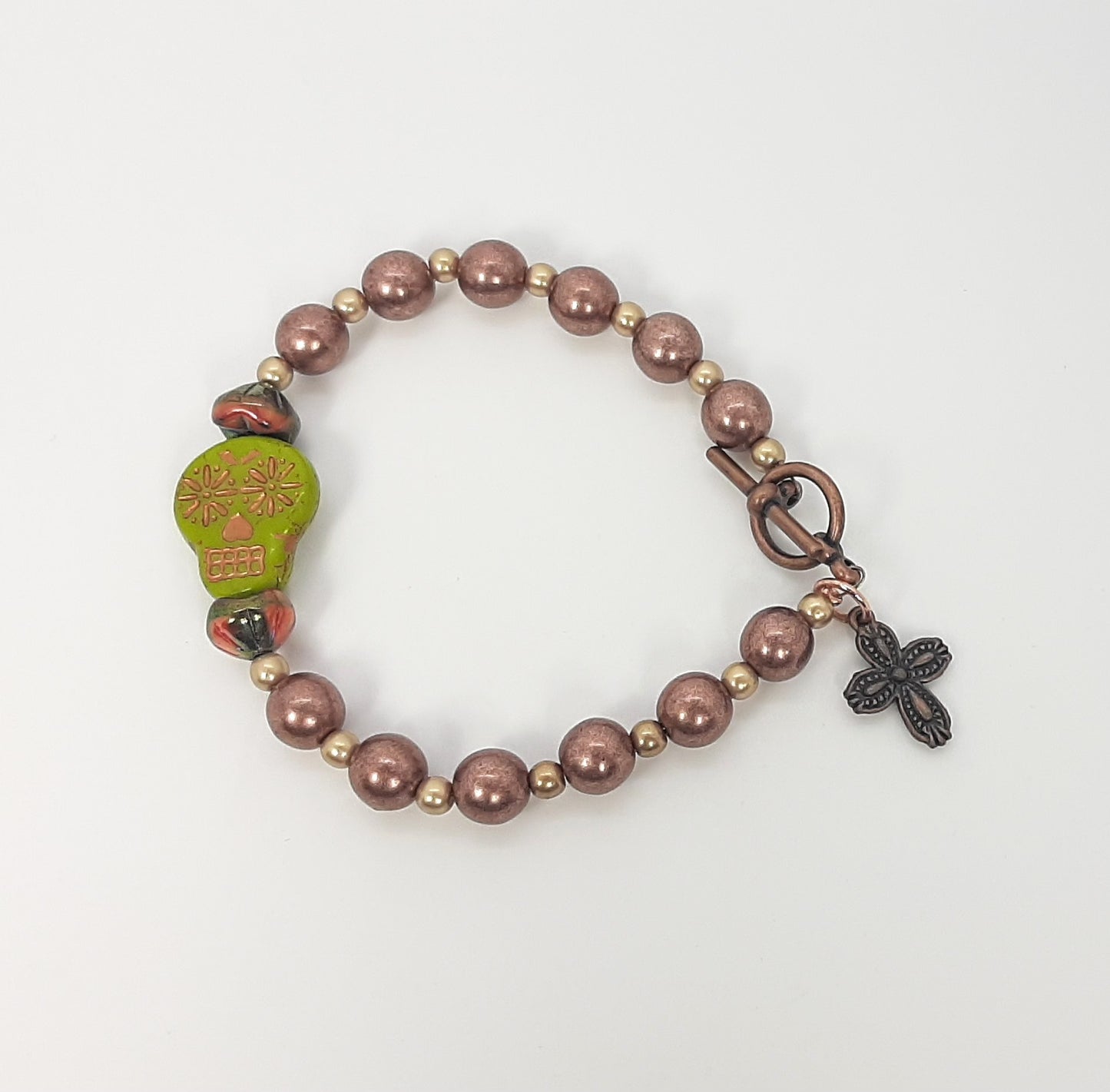 Chartreuse Skull + Latte Czech Glass Bracelet
