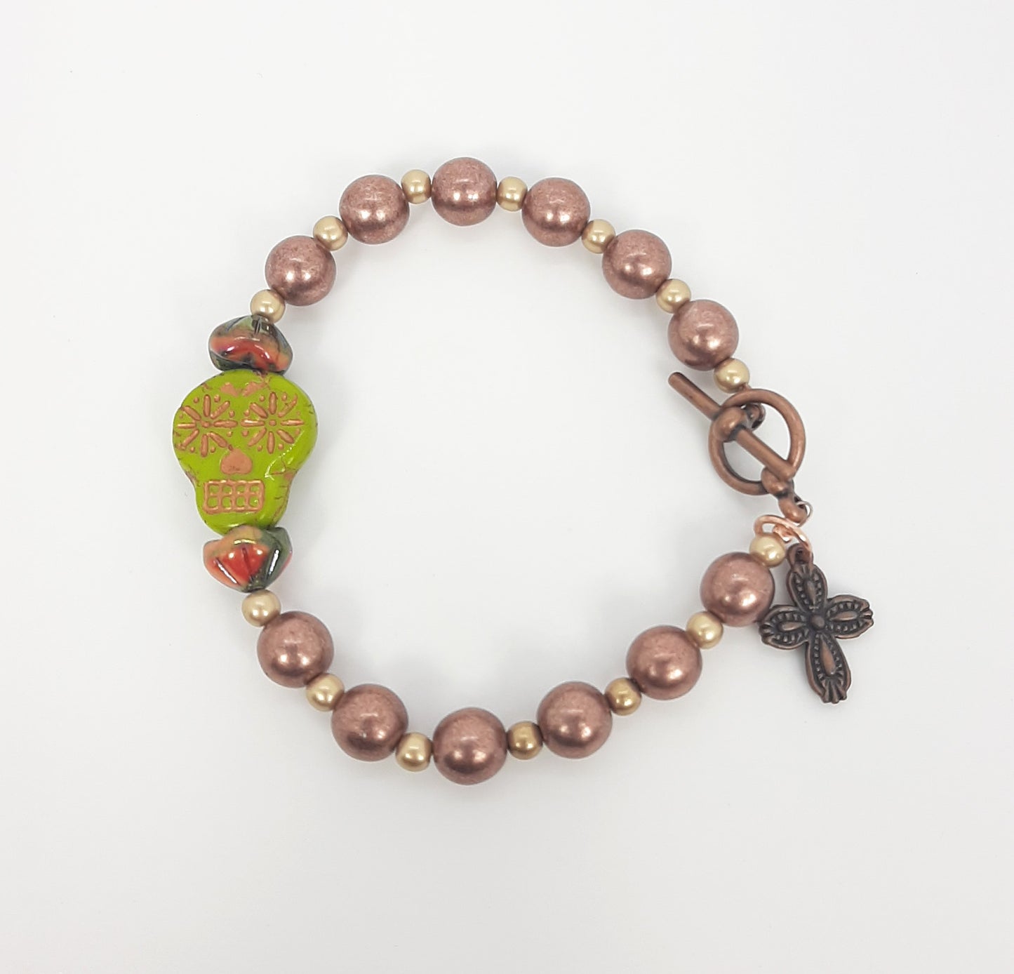 Chartreuse Skull + Latte Czech Glass Bracelet