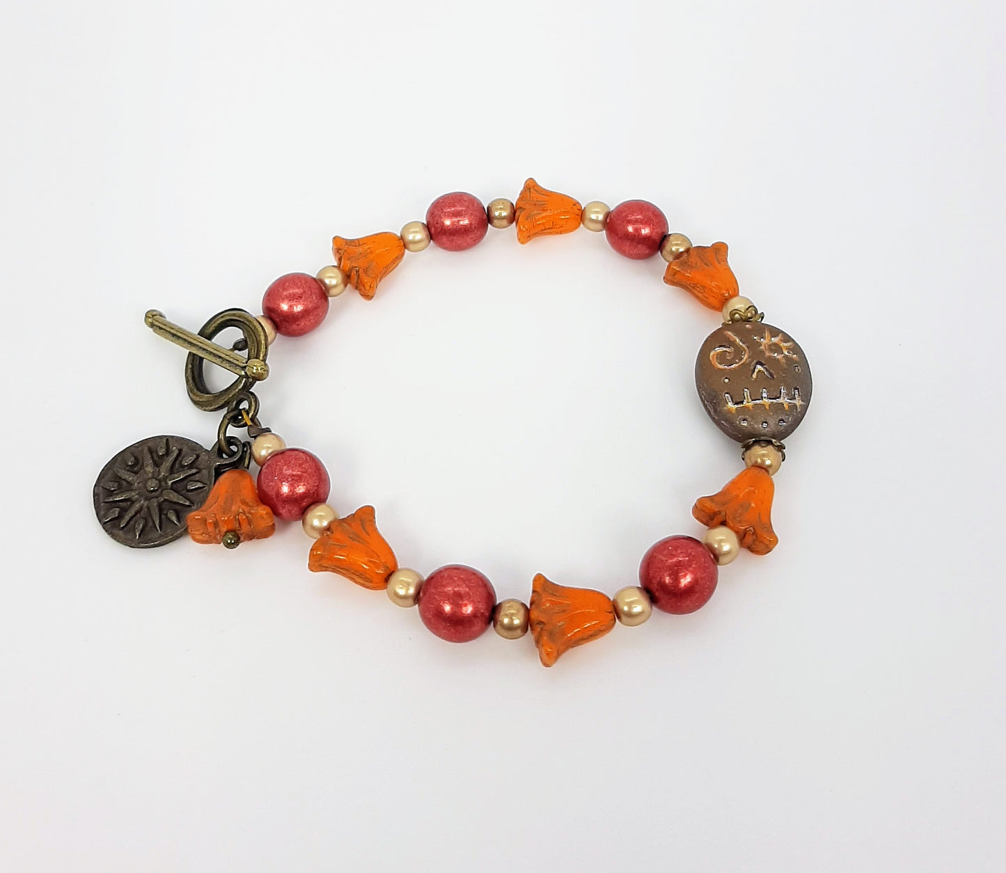 Iridescent Latte Skull+ Tulips + Crimson Beaded Bracelet