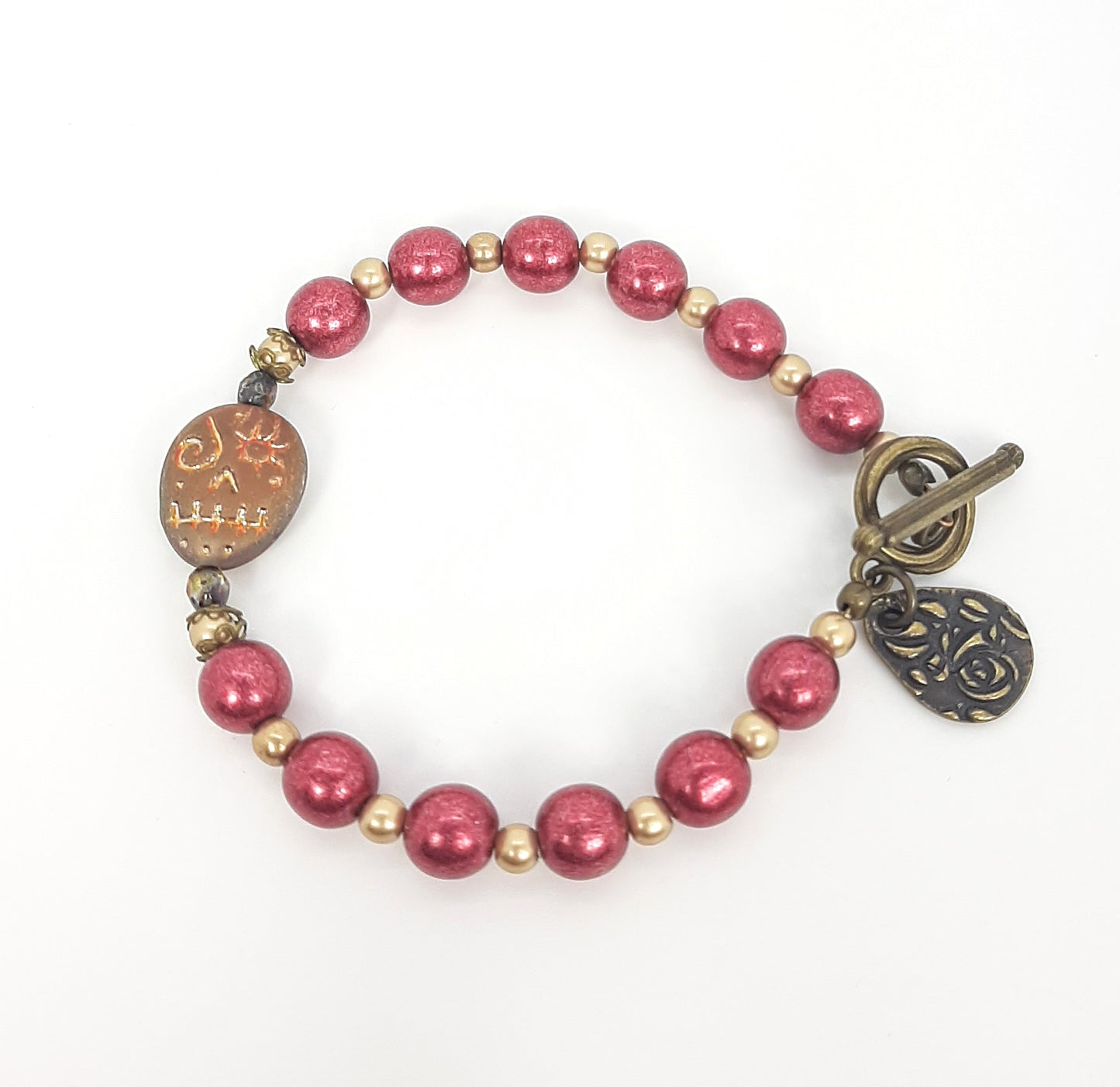 Iridescent Latte Skull + Crimson Beaded Bracelet