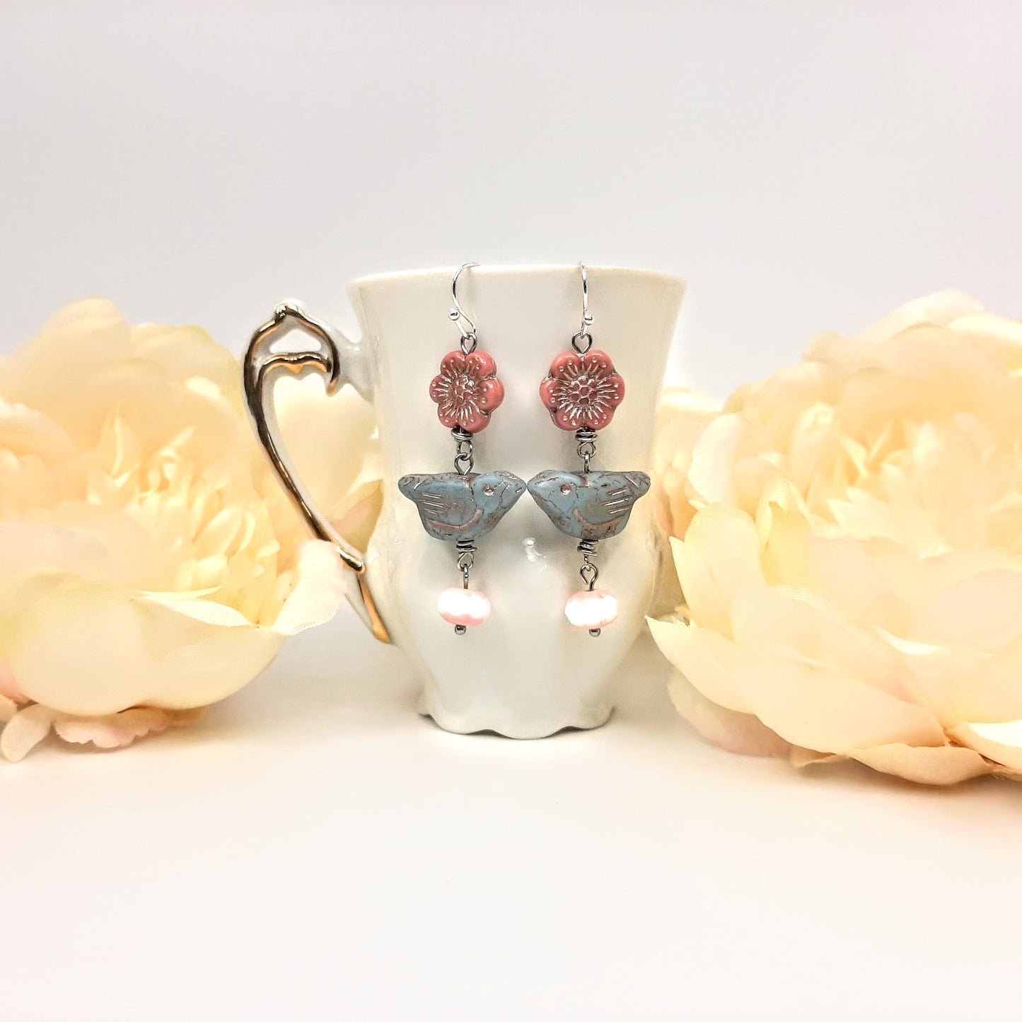 Blue Bird + Pink Hibiscus Earrings