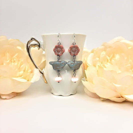 Blue Bird + Pink Hibiscus Earrings