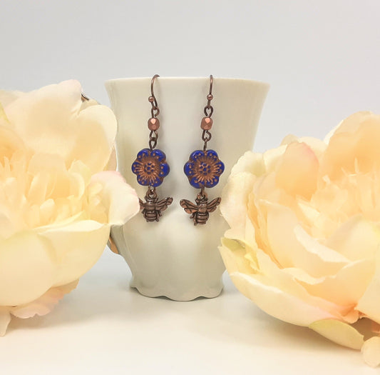 Sweet Copper Bee + Indigo Flower Earrings