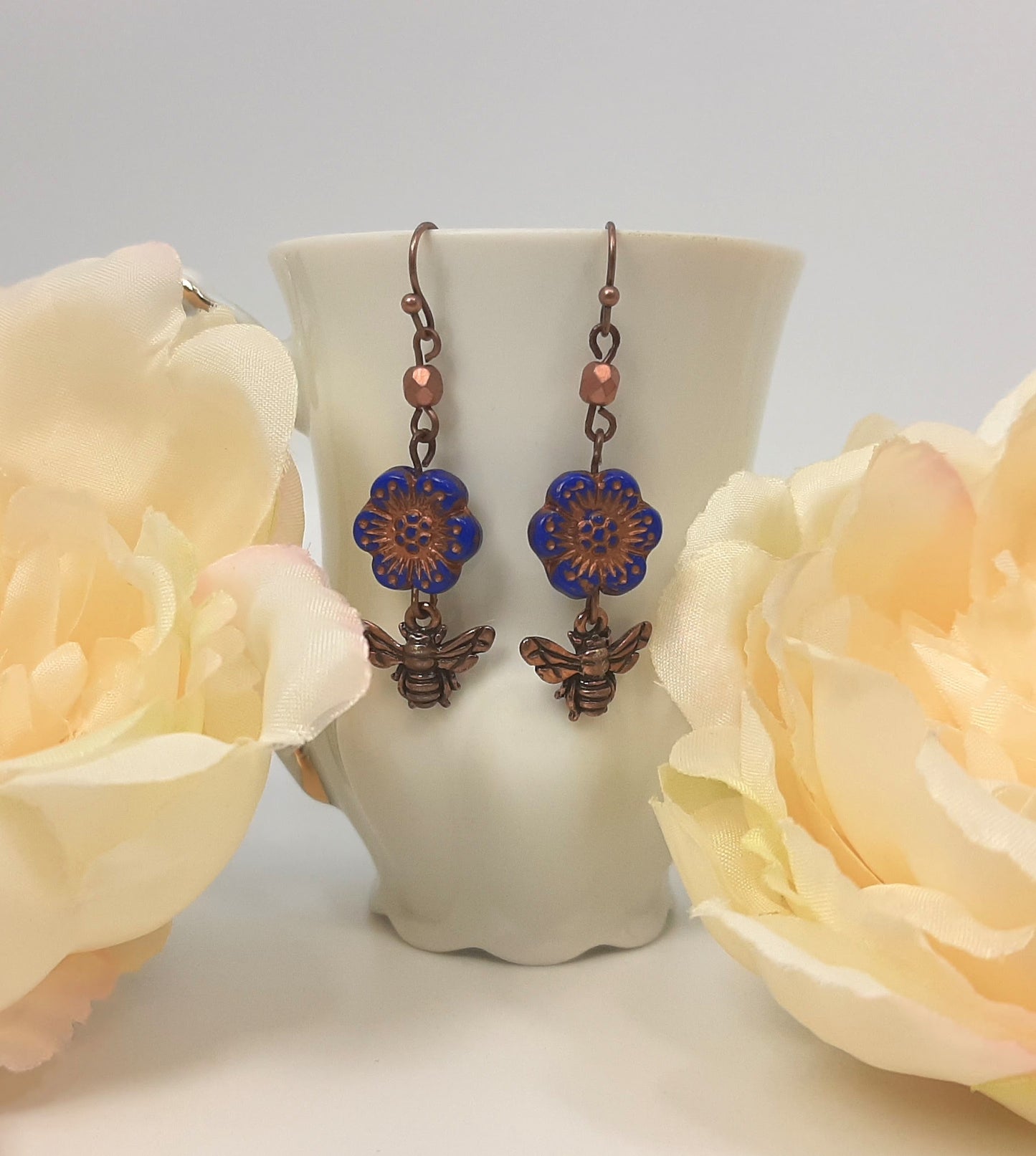 Sweet Copper Bee + Indigo Flower Earrings