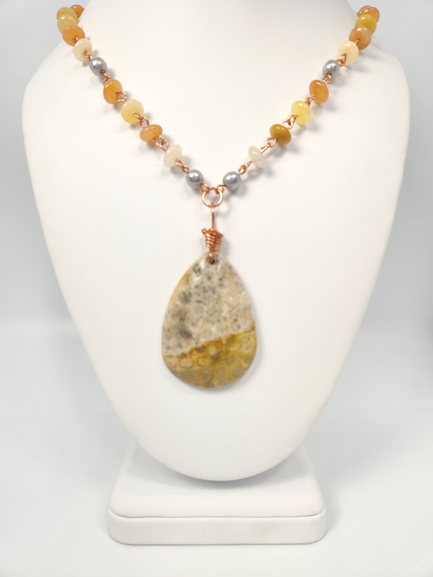 Yellow Jade + Coral Fossil Pendant Necklace