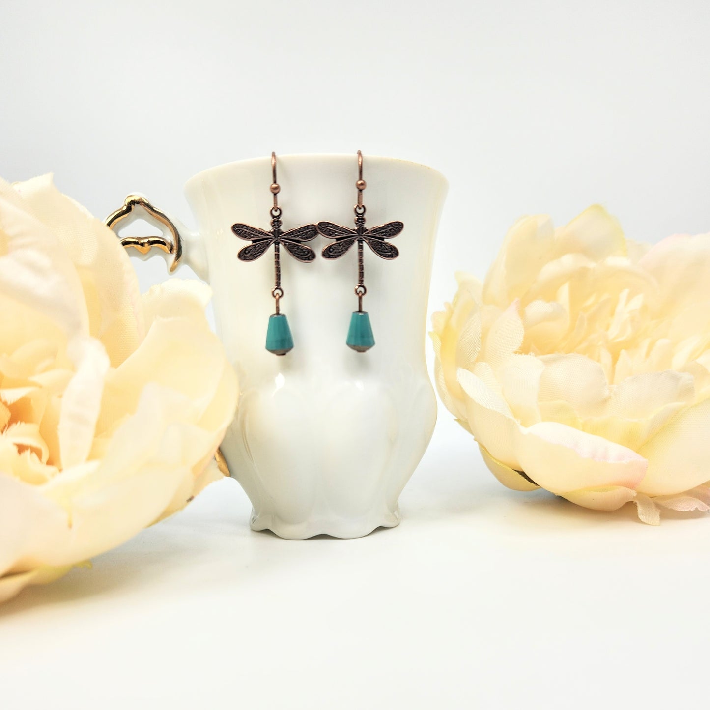 Tiny Copper Dragonfly + Vintage Teal Teardrop Earrings