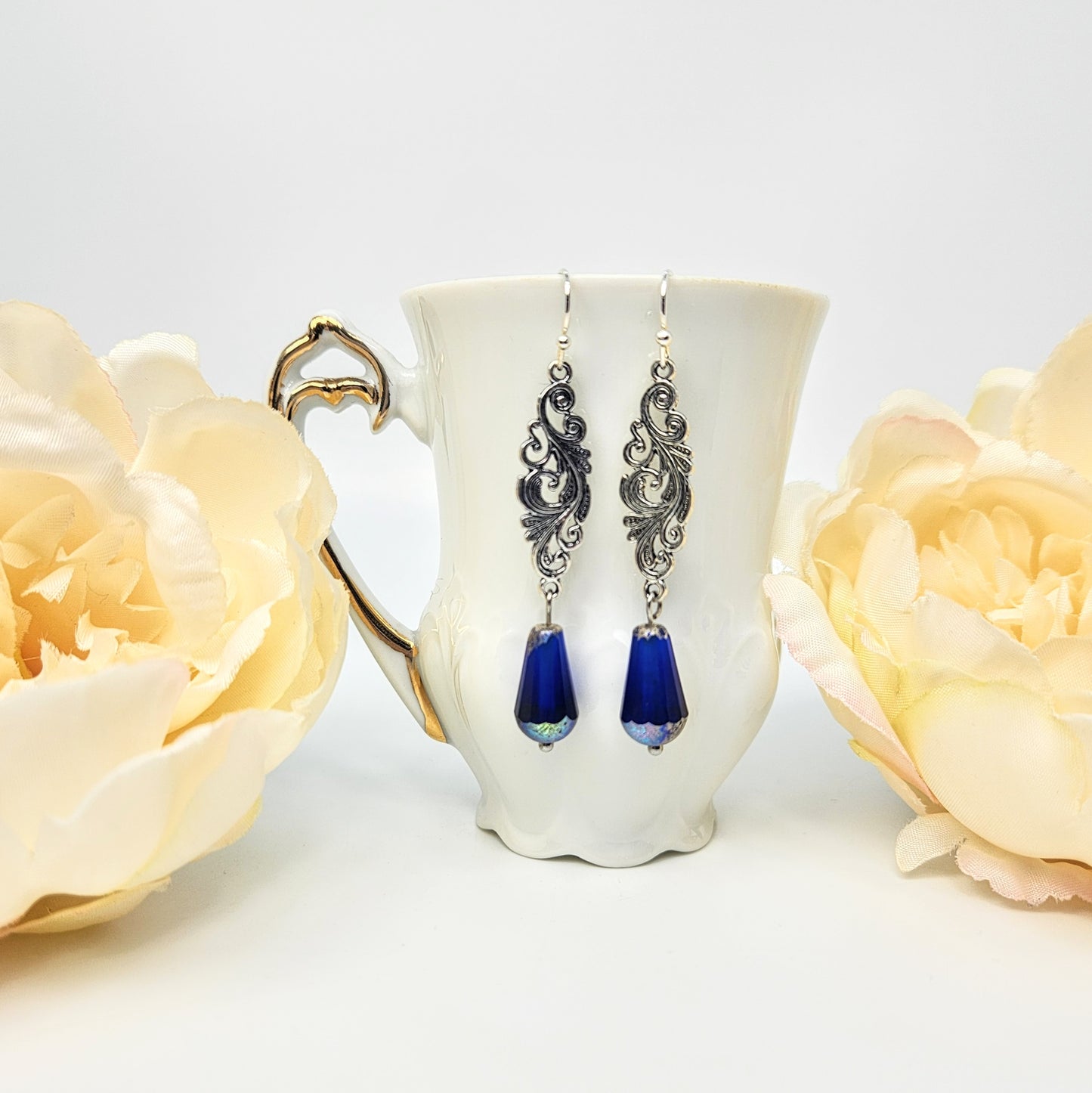 Ornate Swirl + Indigo Teardrop Earrings