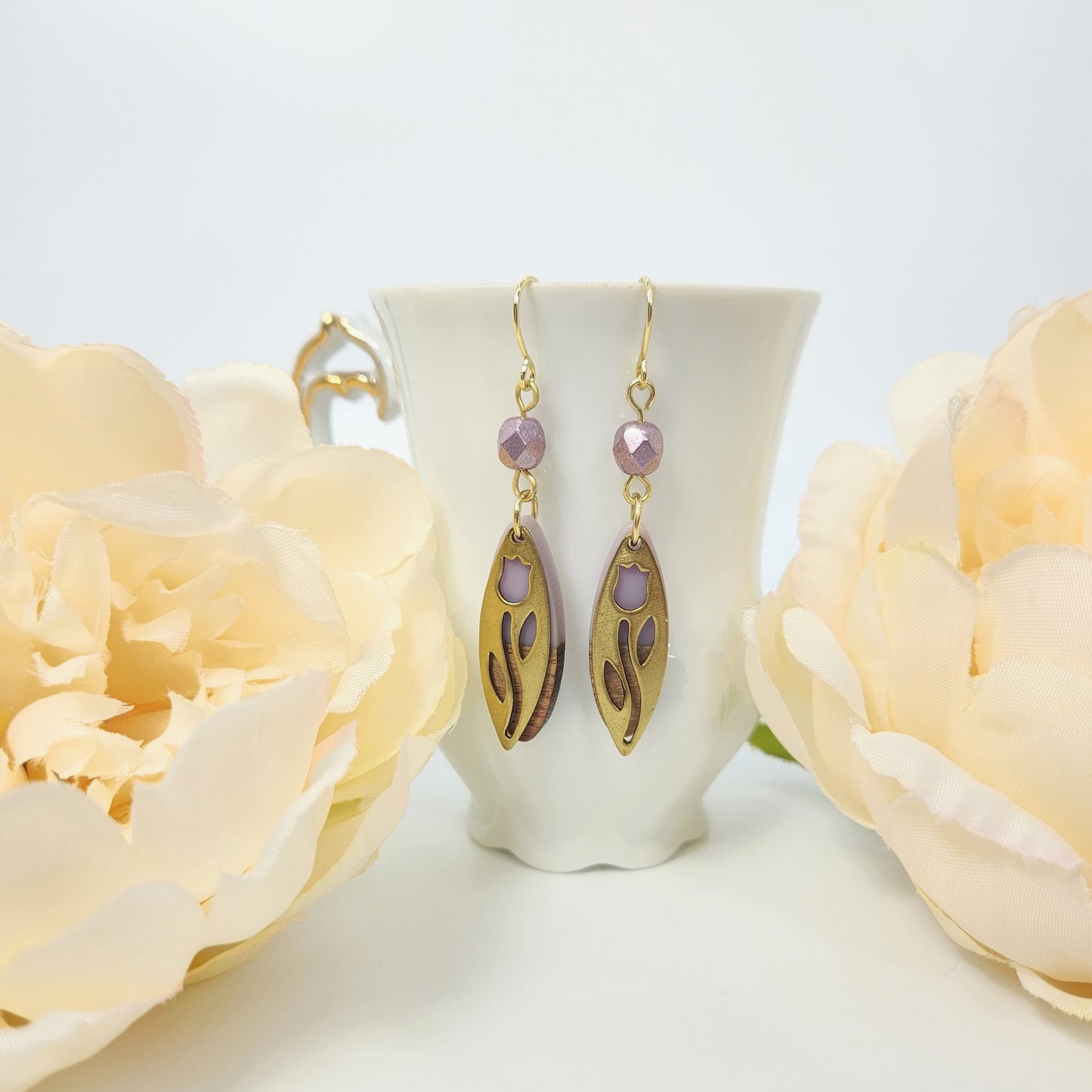 Tulip Stencil + Wood & Resin Earrings Lavender