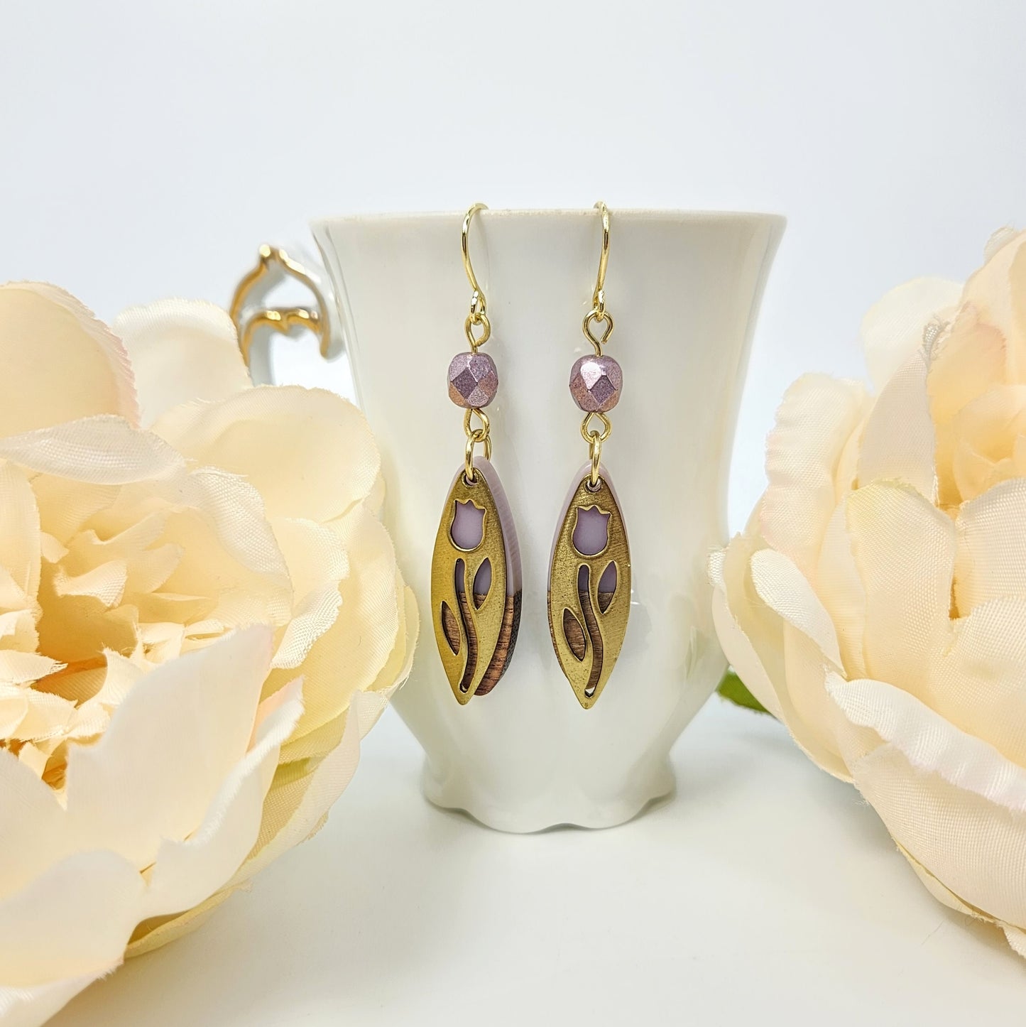 Tulip Stencil + Wood & Resin Earrings Lavender