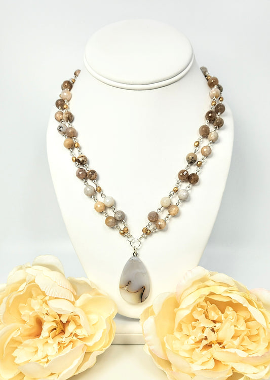 Ocean Fossil Agate + Agate Teardrop Statement Necklace