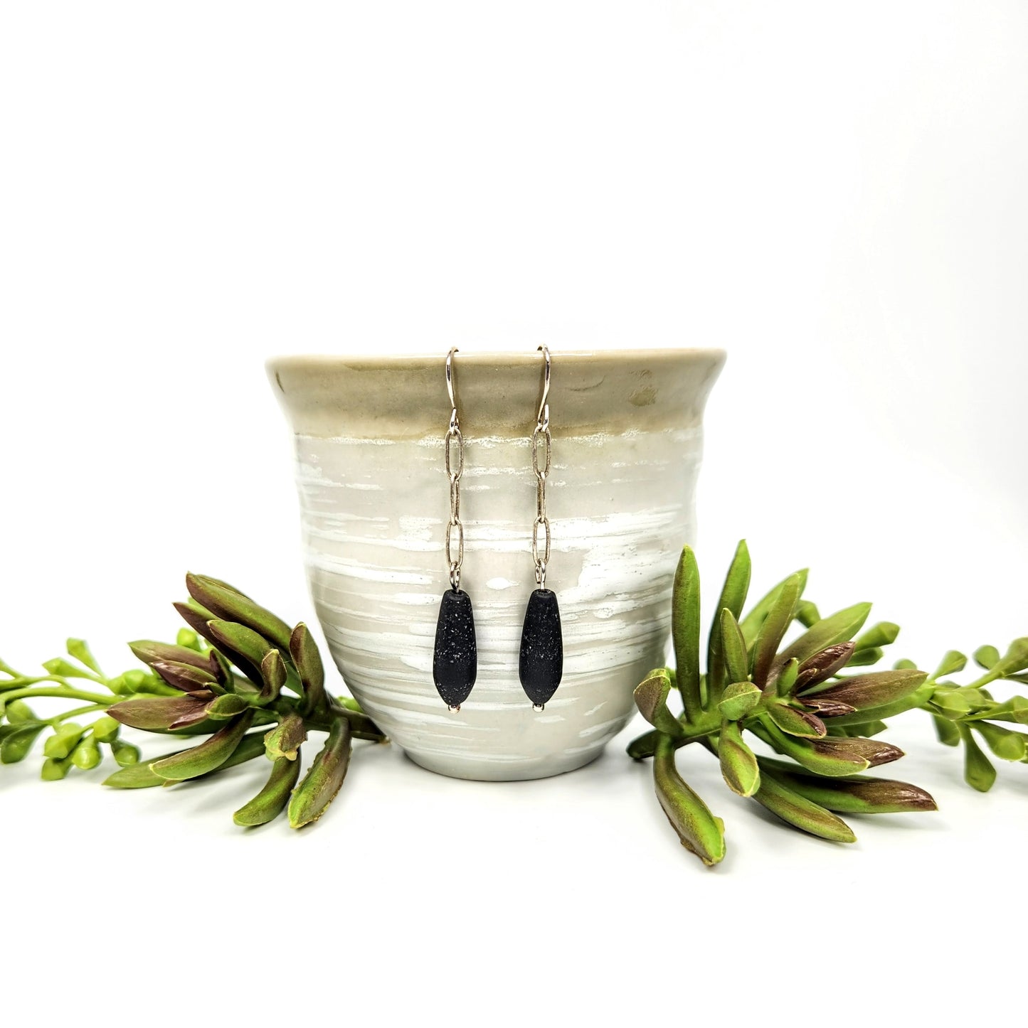 Jet Recycled Glass Teardrops + Chain