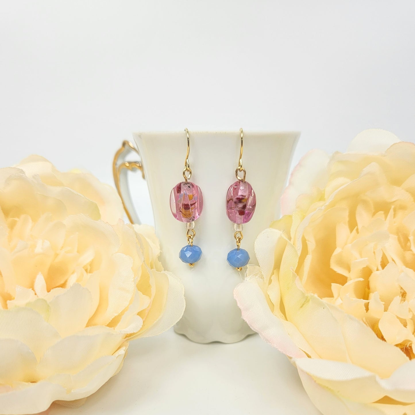 Pink Blown Glass + Blue Drop Earrings
