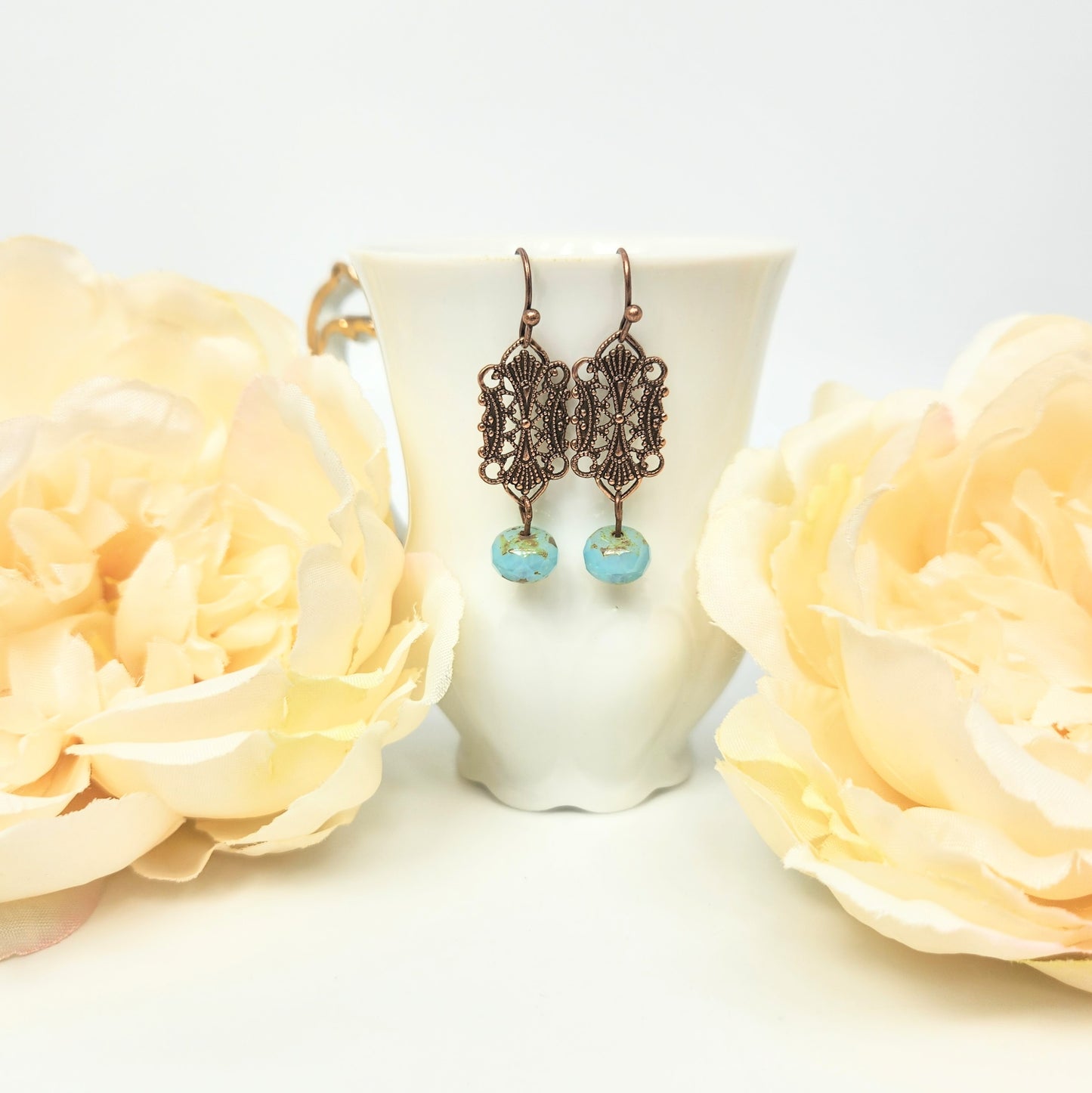 Ornate Filigree Rectangle + Blue Drop Earrings