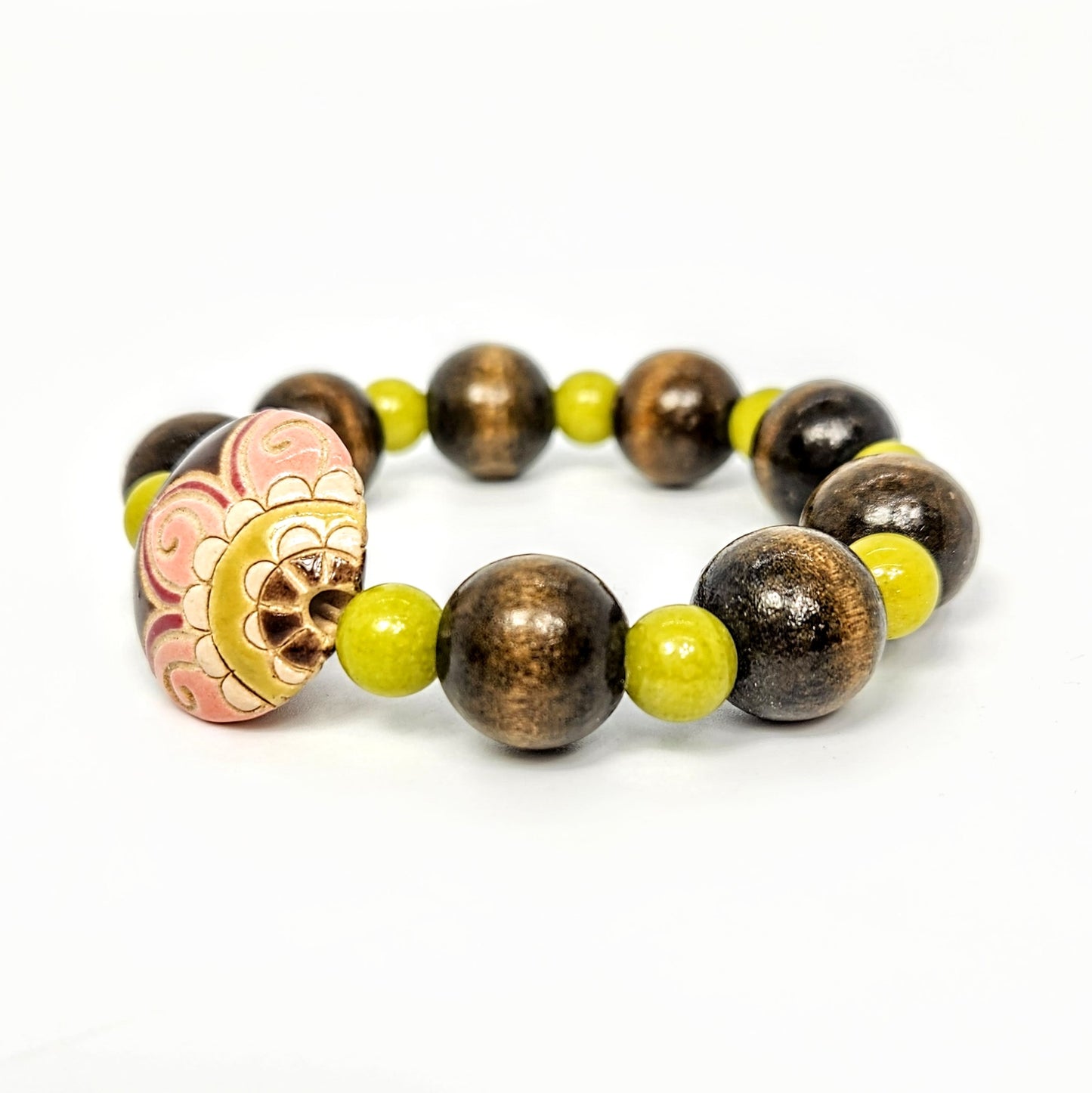 Big Flower + Chartreuse Jade + Wood Bracelet