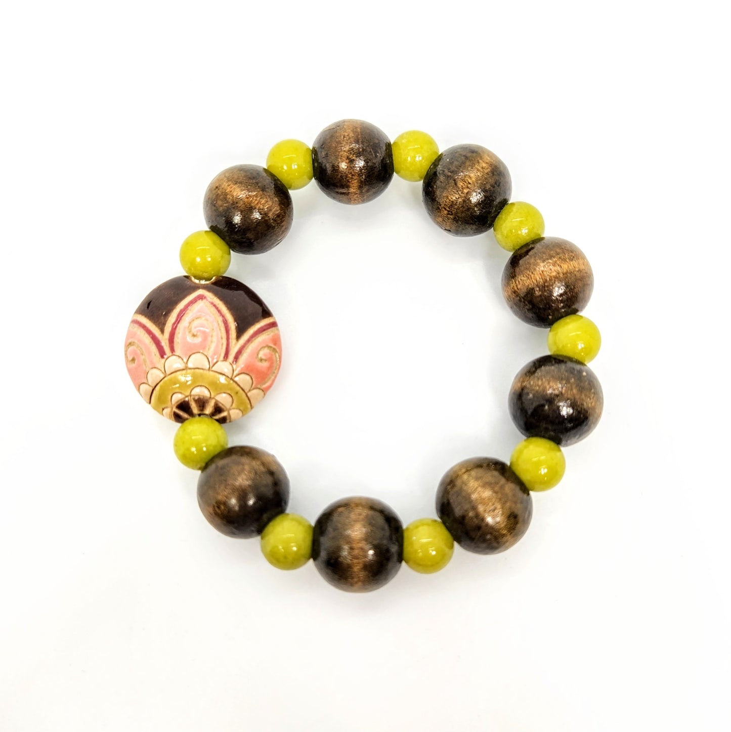 Big Flower + Chartreuse Jade + Wood Bracelet
