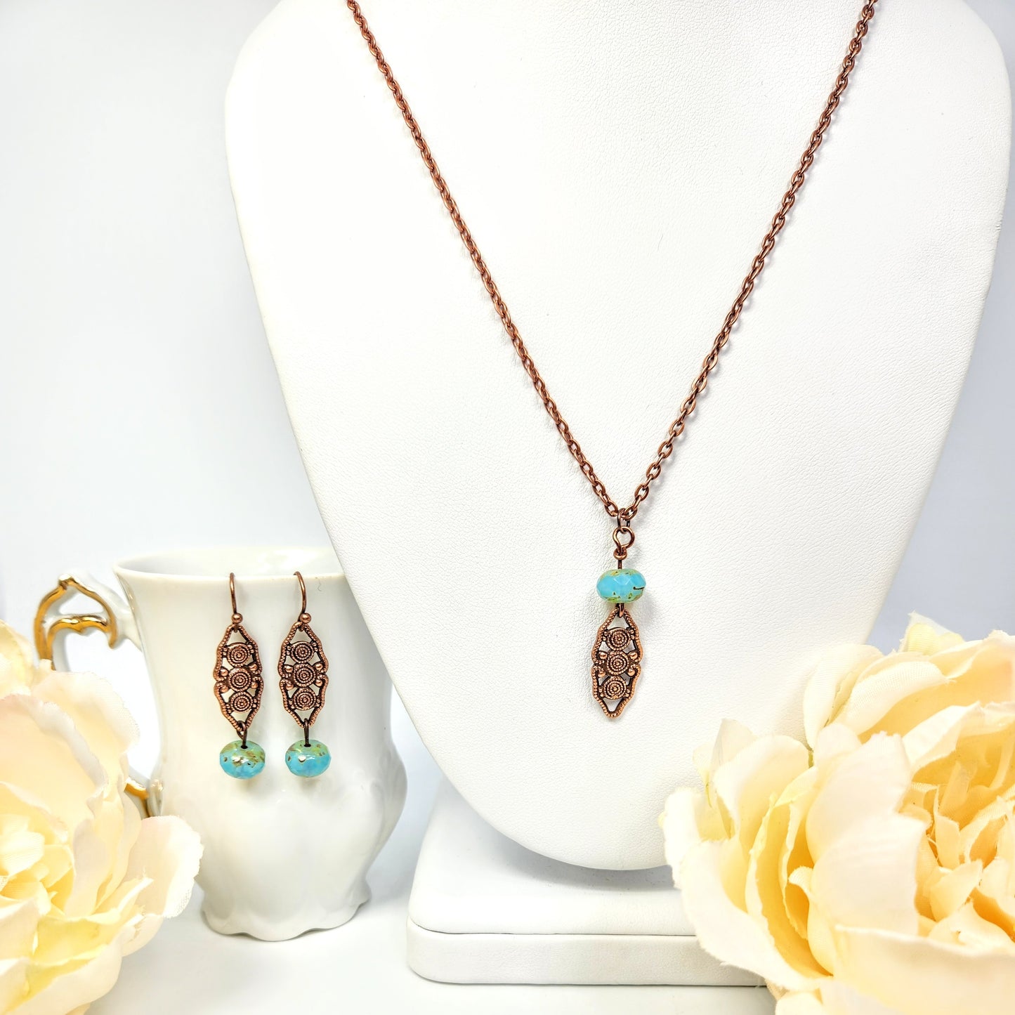 Copper Tone Oval + Blue Necklace