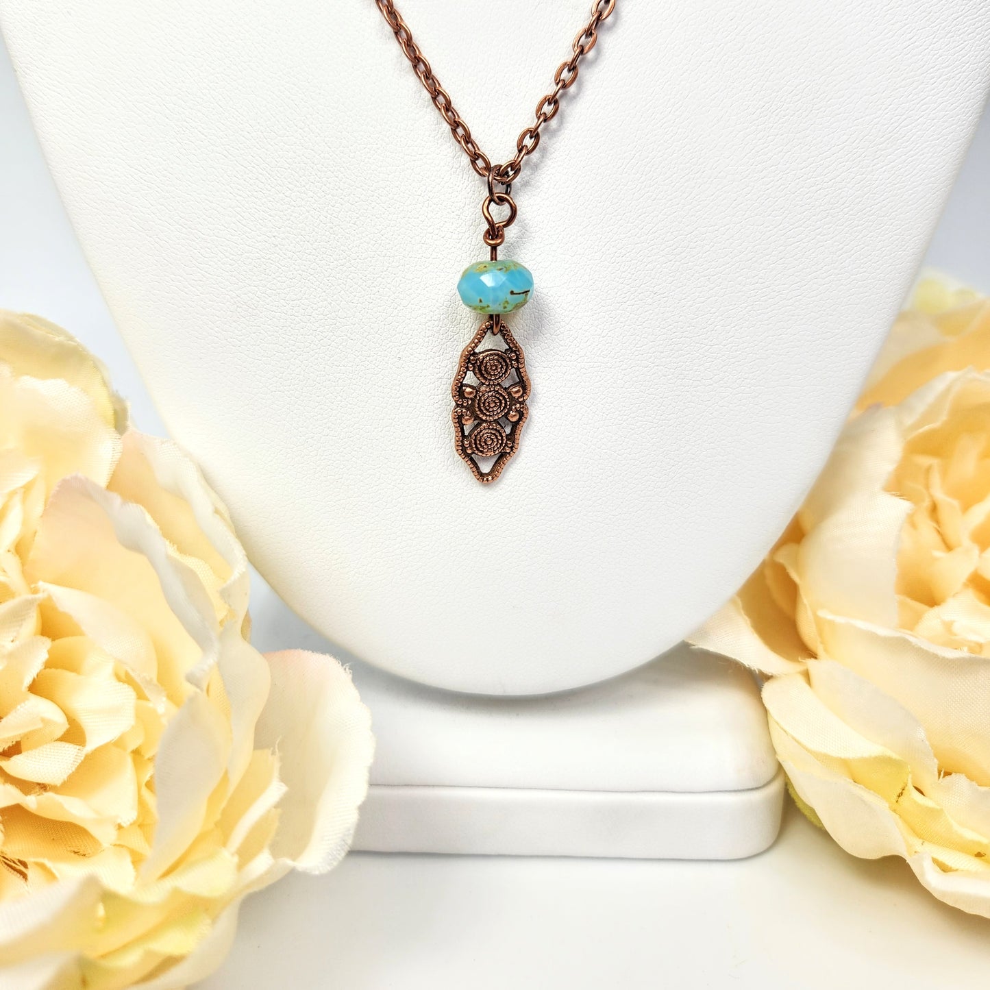 Copper Tone Oval + Blue Necklace