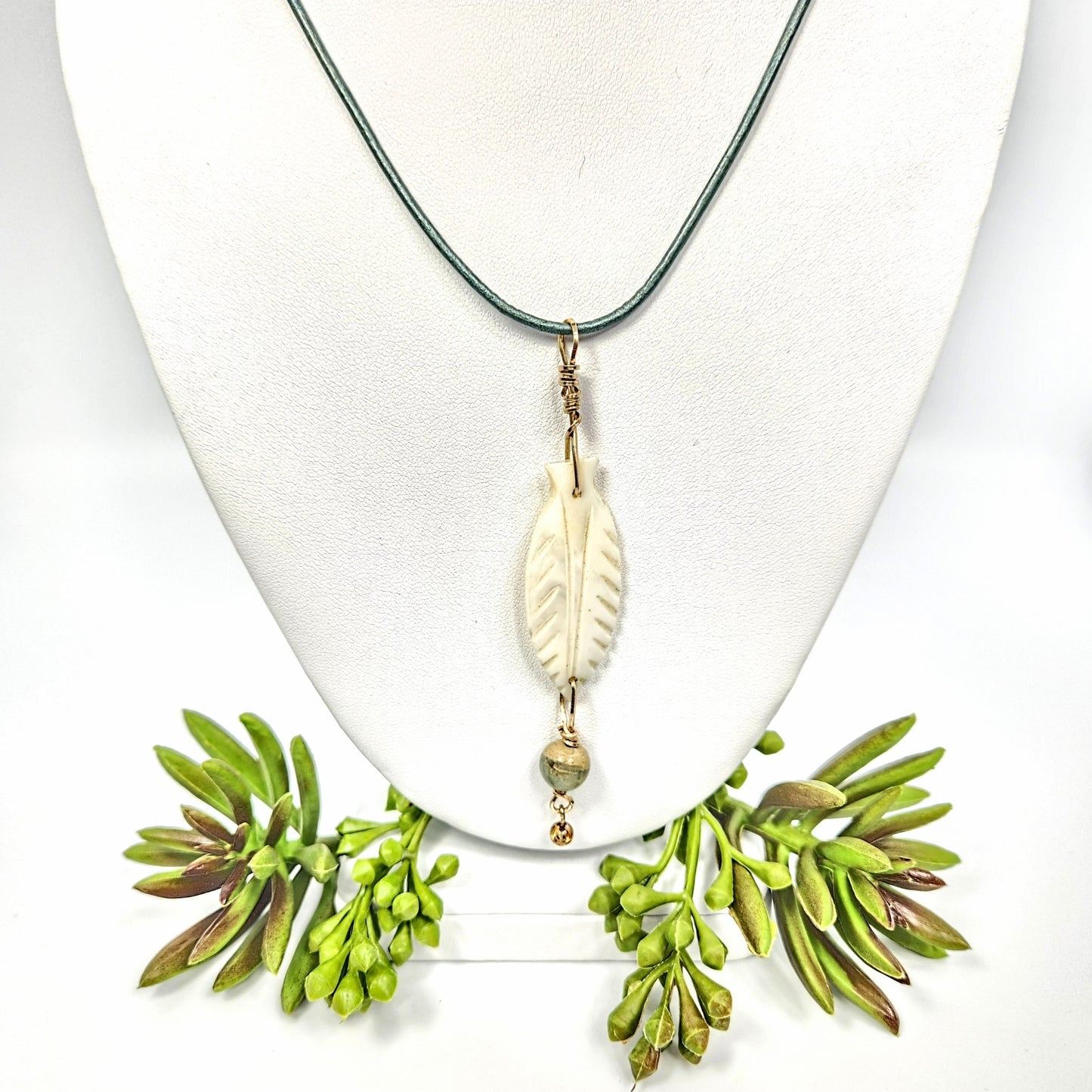 Mother of Pearl Feather + Leather Necklace