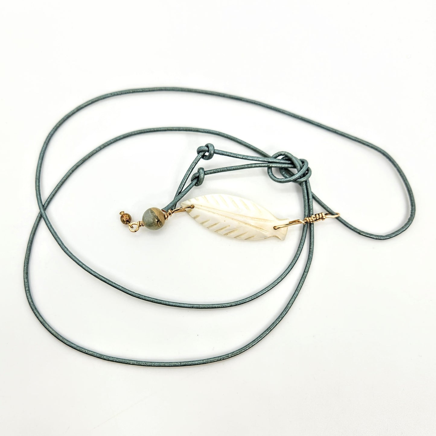 Mother of Pearl Feather + Leather Necklace
