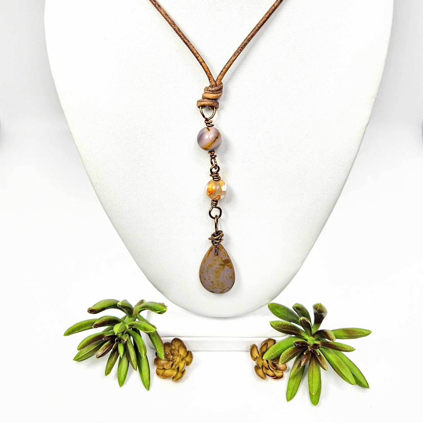 Teardrop + Agate + Mookaite Leather Necklace