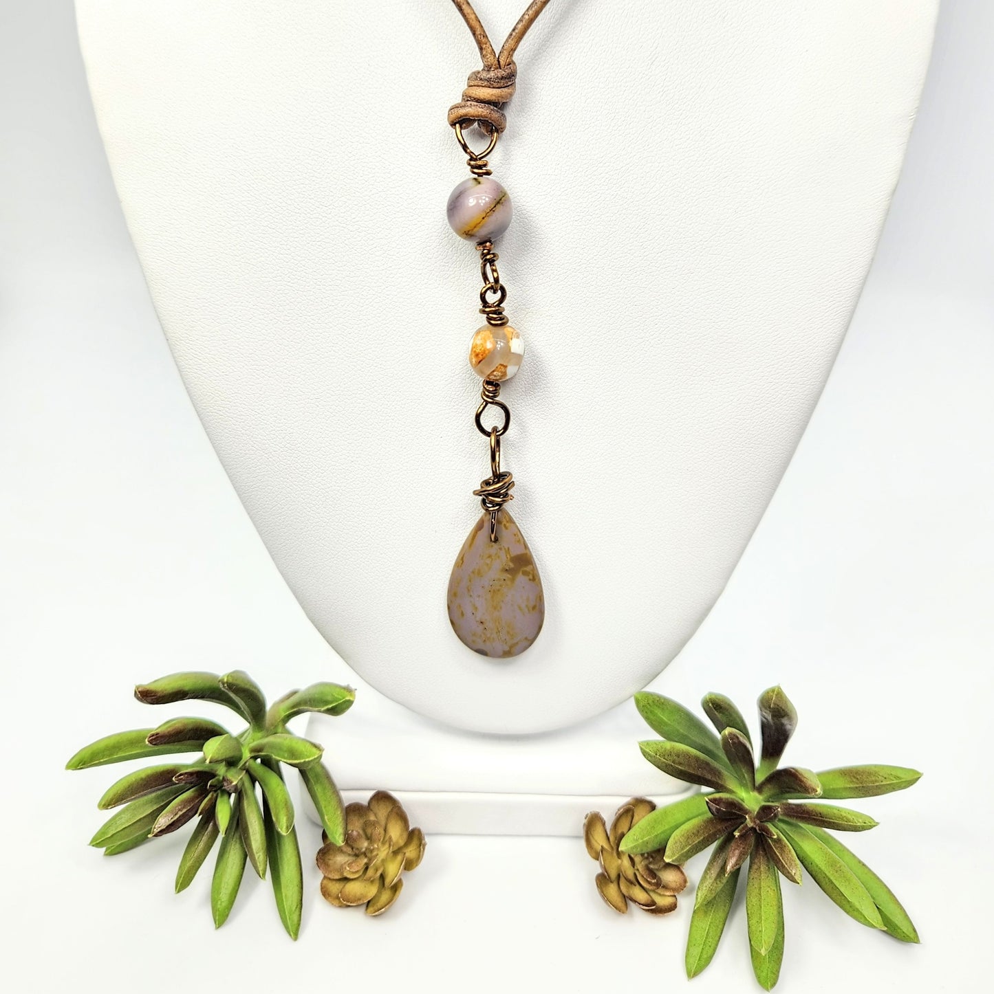 Teardrop + Agate + Mookaite Leather Necklace
