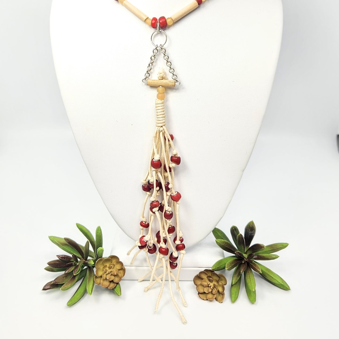 Fray Cord + Red + Wood Beaded Necklace