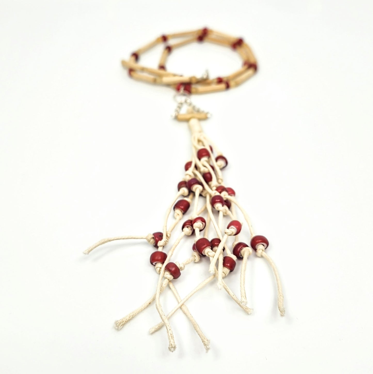Fray Cord + Red + Wood Beaded Necklace