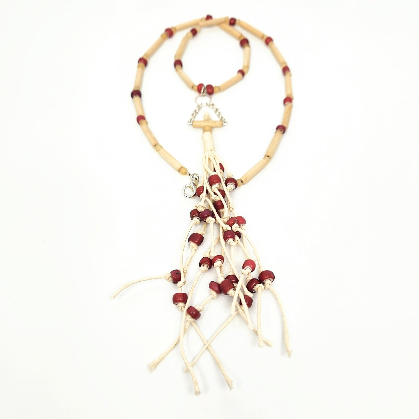 Fray Cord + Red + Wood Beaded Necklace