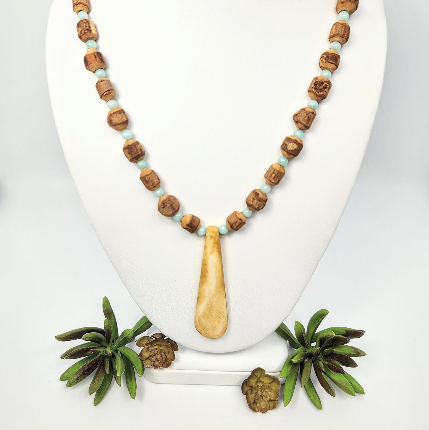 Wood + Pale Blue Dyed Jade Bead Necklace
