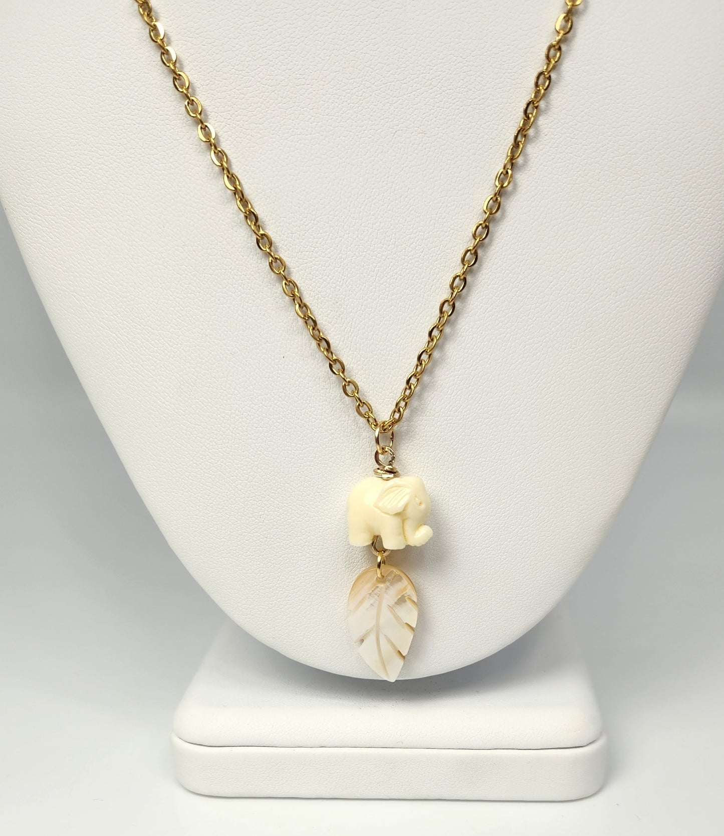 Elephant + Mother of Pearl Leaf Pendant Necklace