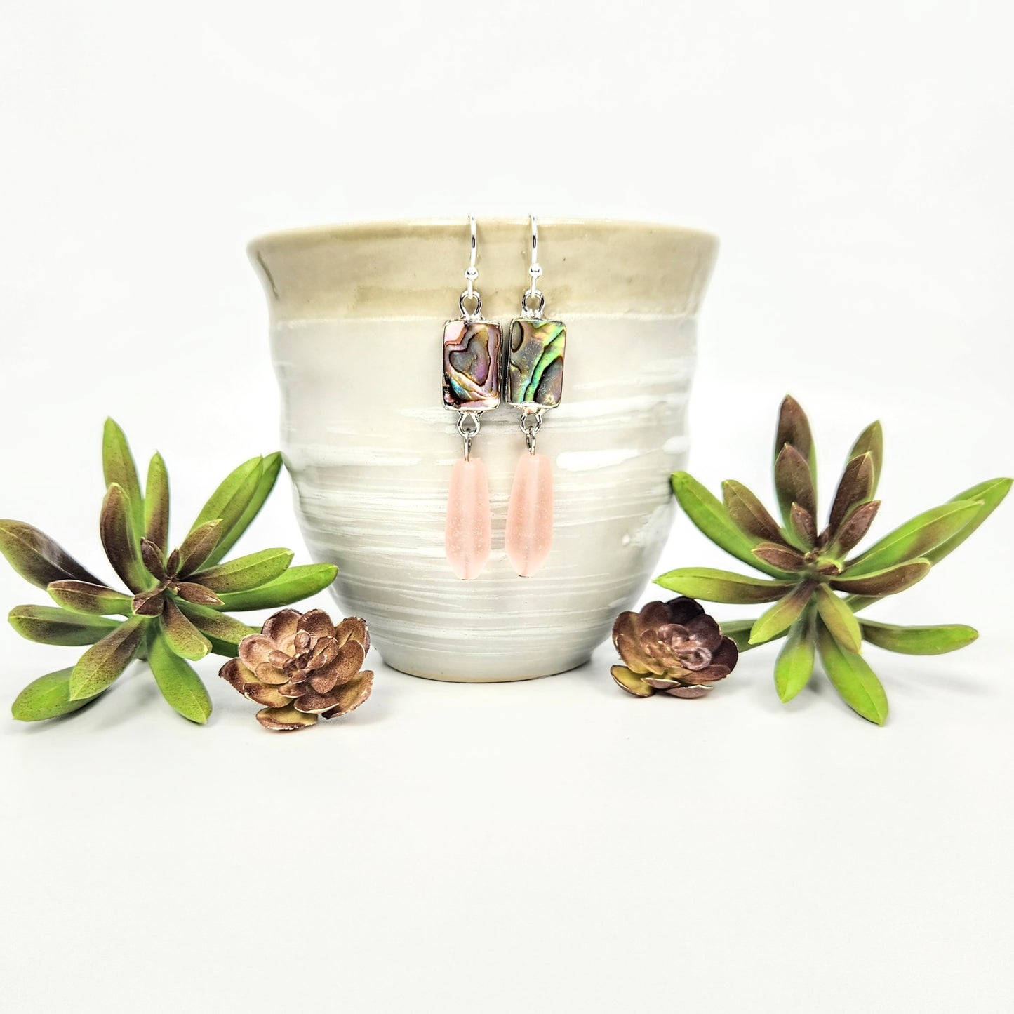 Abalone + Recycled Glass Pink Earrings