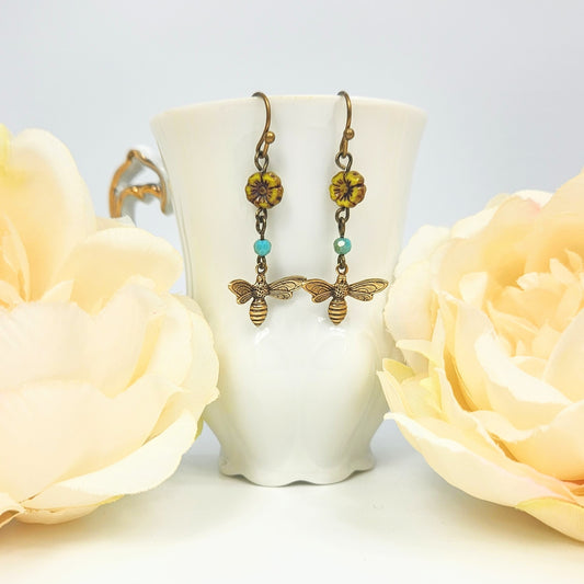 Tiny Bees + Flower Earrings