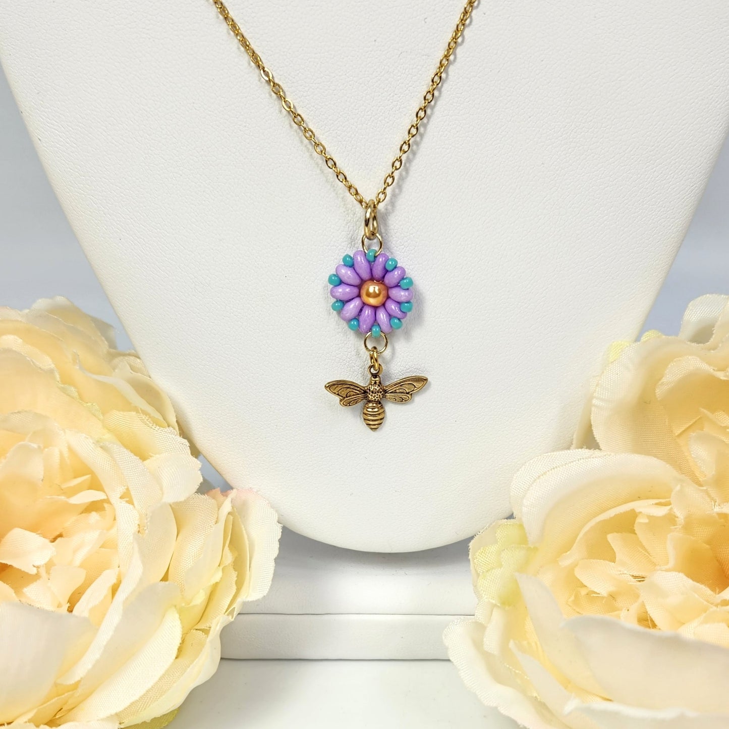 Flower +Vintage Bee Necklace
