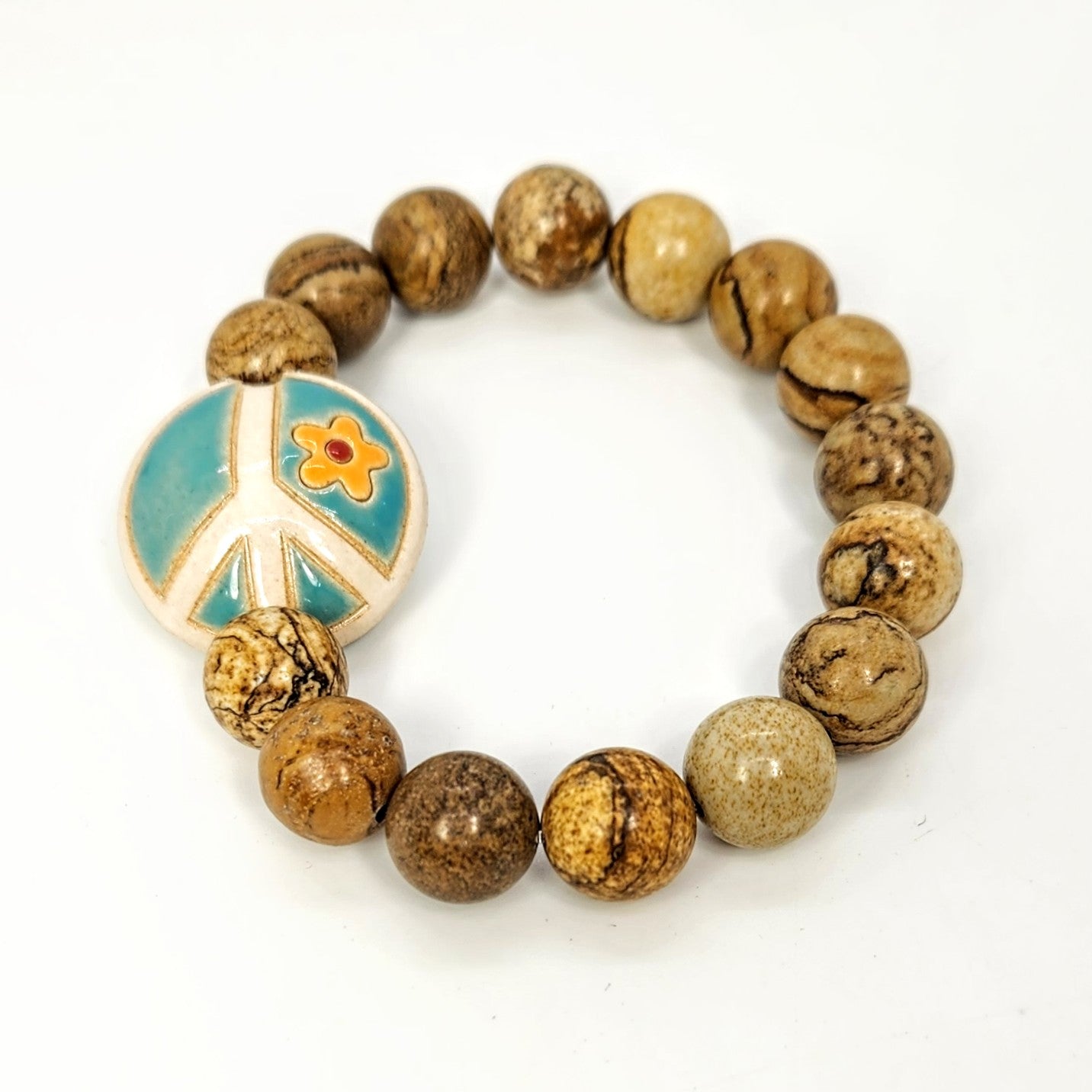 Peace Sign + Picture Jasper Beaded Bracelet