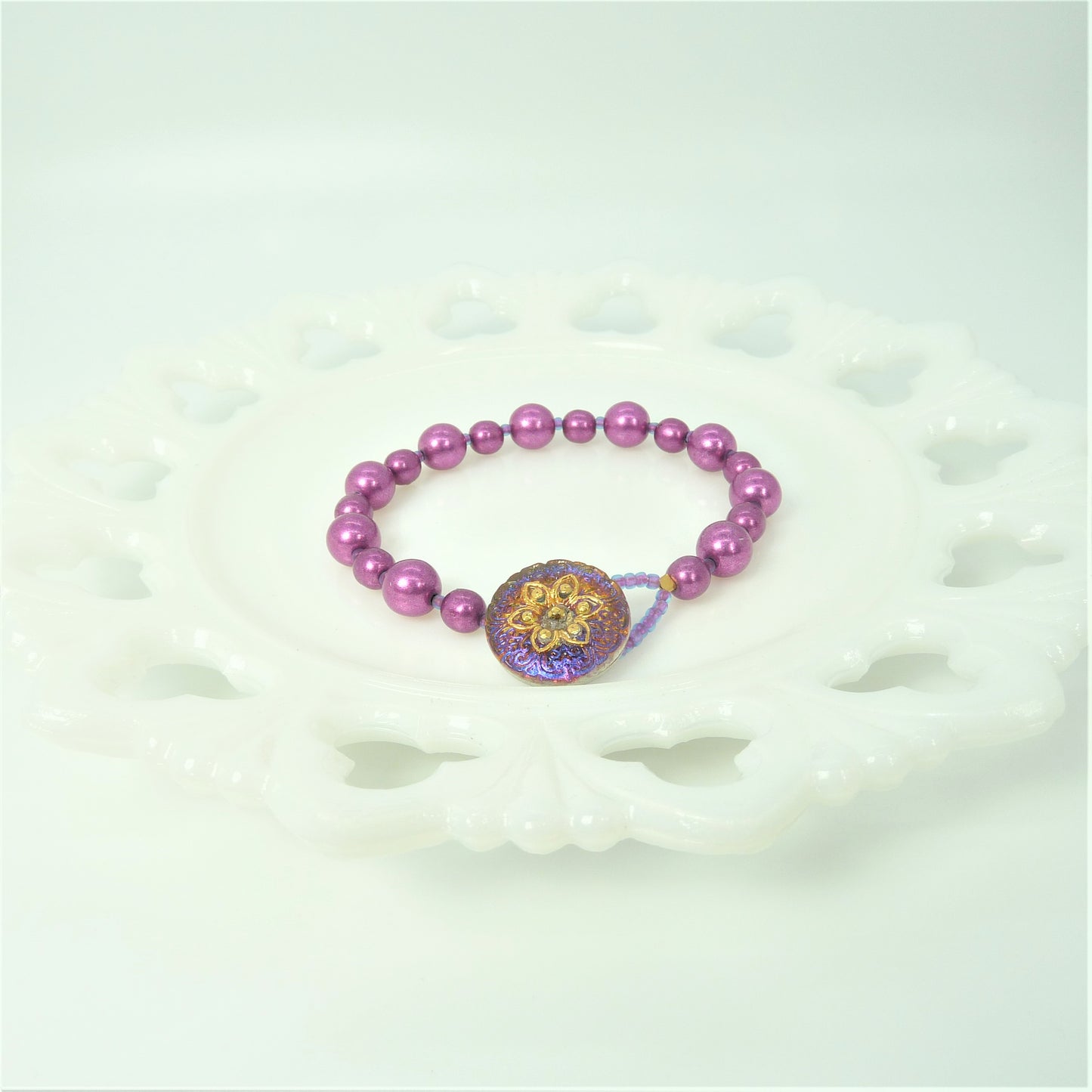Violet Czech Glass Beads + Czech Glass Flower Button Clasp Bracelet