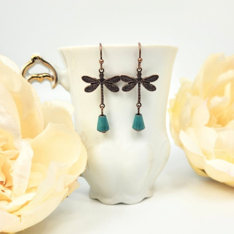 Tiny Copper Dragonfly + Vintage Teal Teardrop Earrings