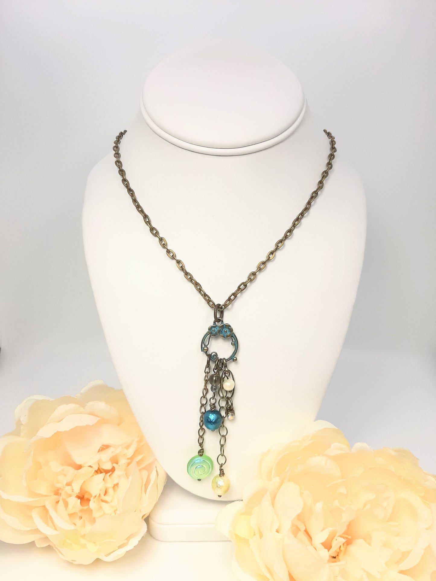 Antique Brass Necklace + Patina Flower Ring