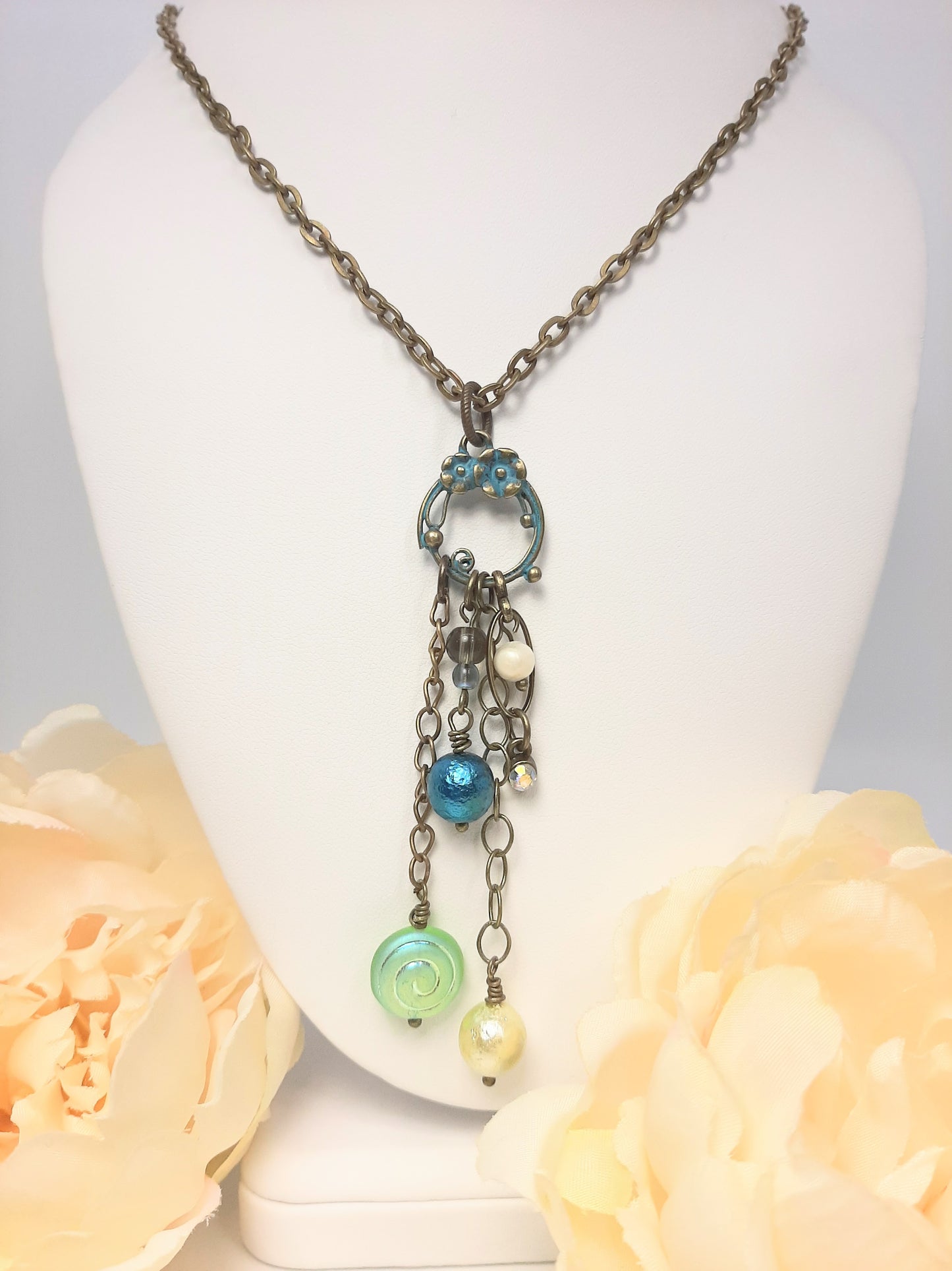 Antique Brass Necklace + Patina Flower Ring