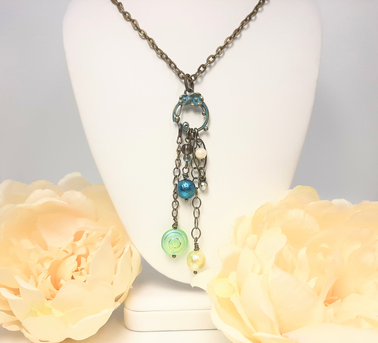 Antique Brass Necklace + Patina Flower Ring