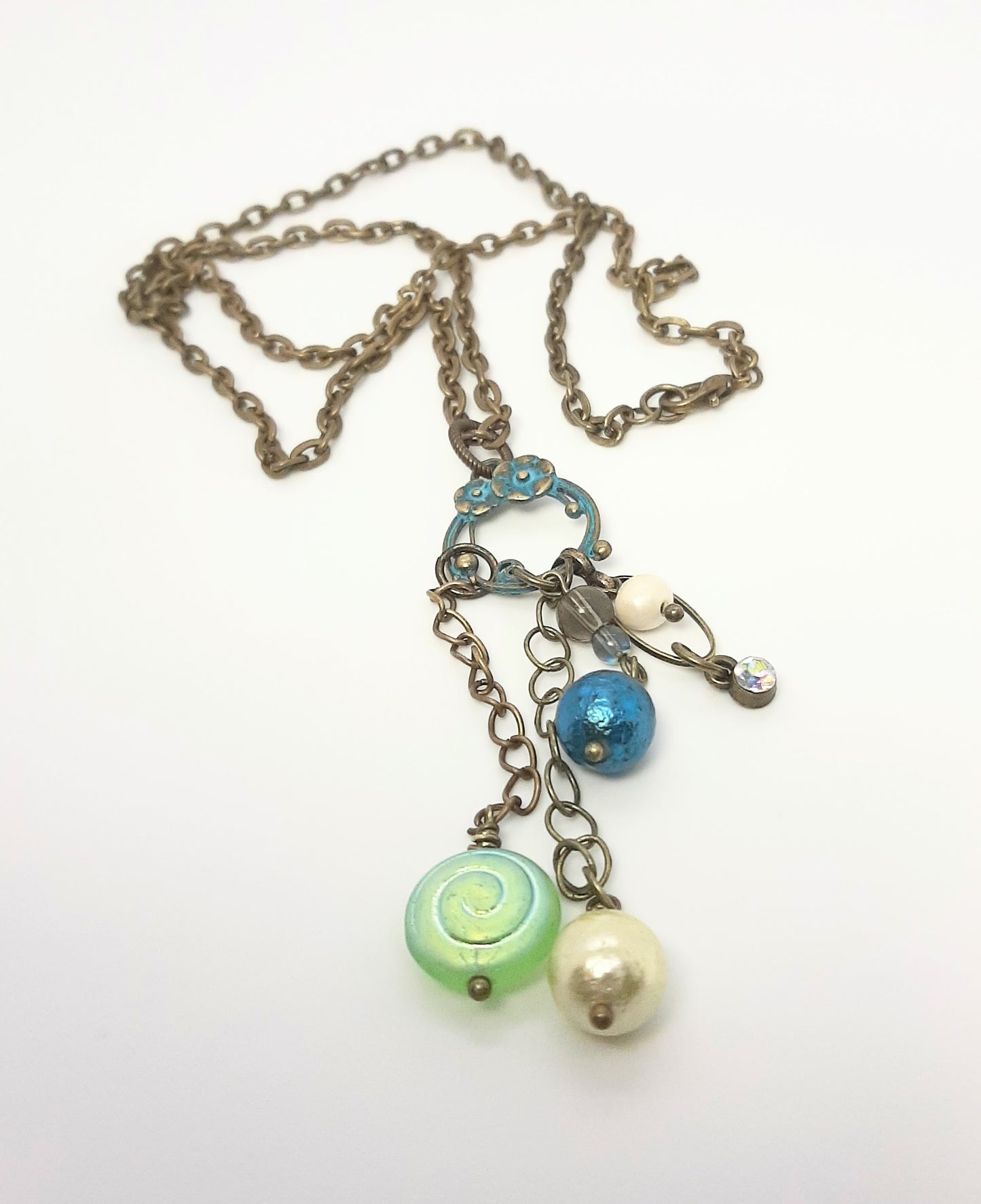 Antique Brass Necklace + Patina Flower Ring