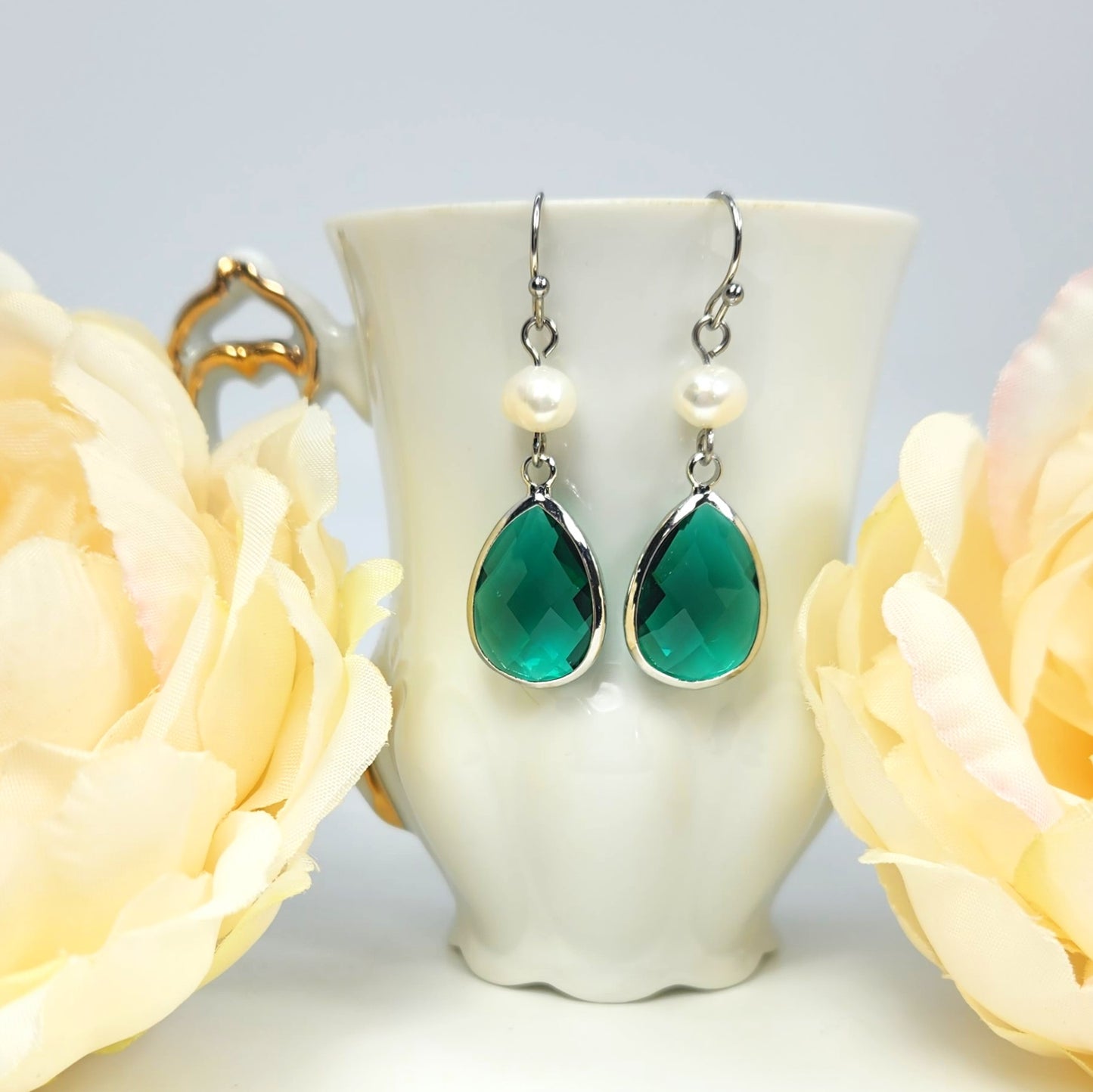 Emerald Teardrop + Freshwater Pearl Earrings