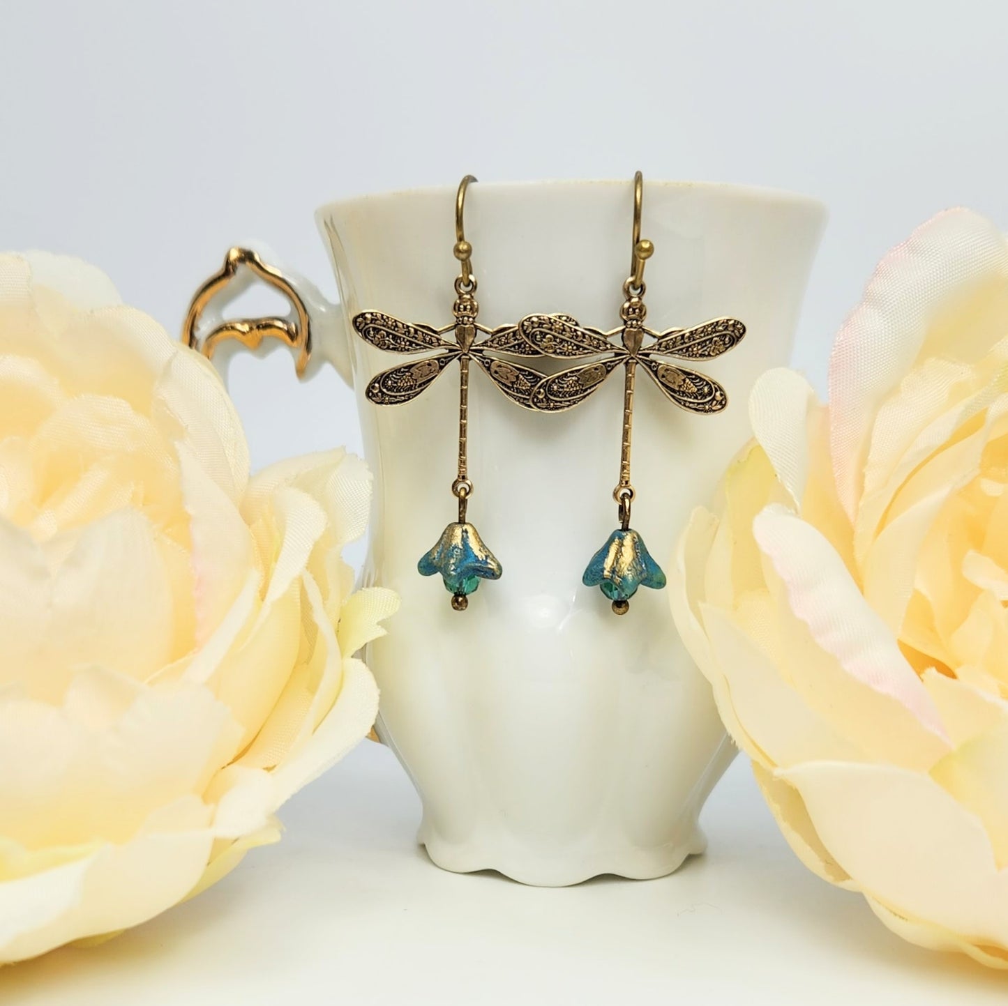 Dragonfly + Bell Flower Drop Earrings