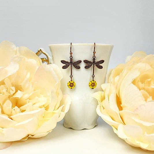 Tiny Dragonflies + Flower Drop Earrings