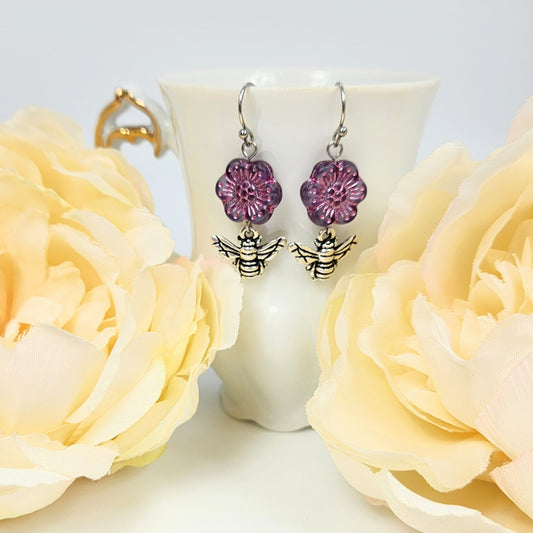 Flower & Bee Earrings Purple