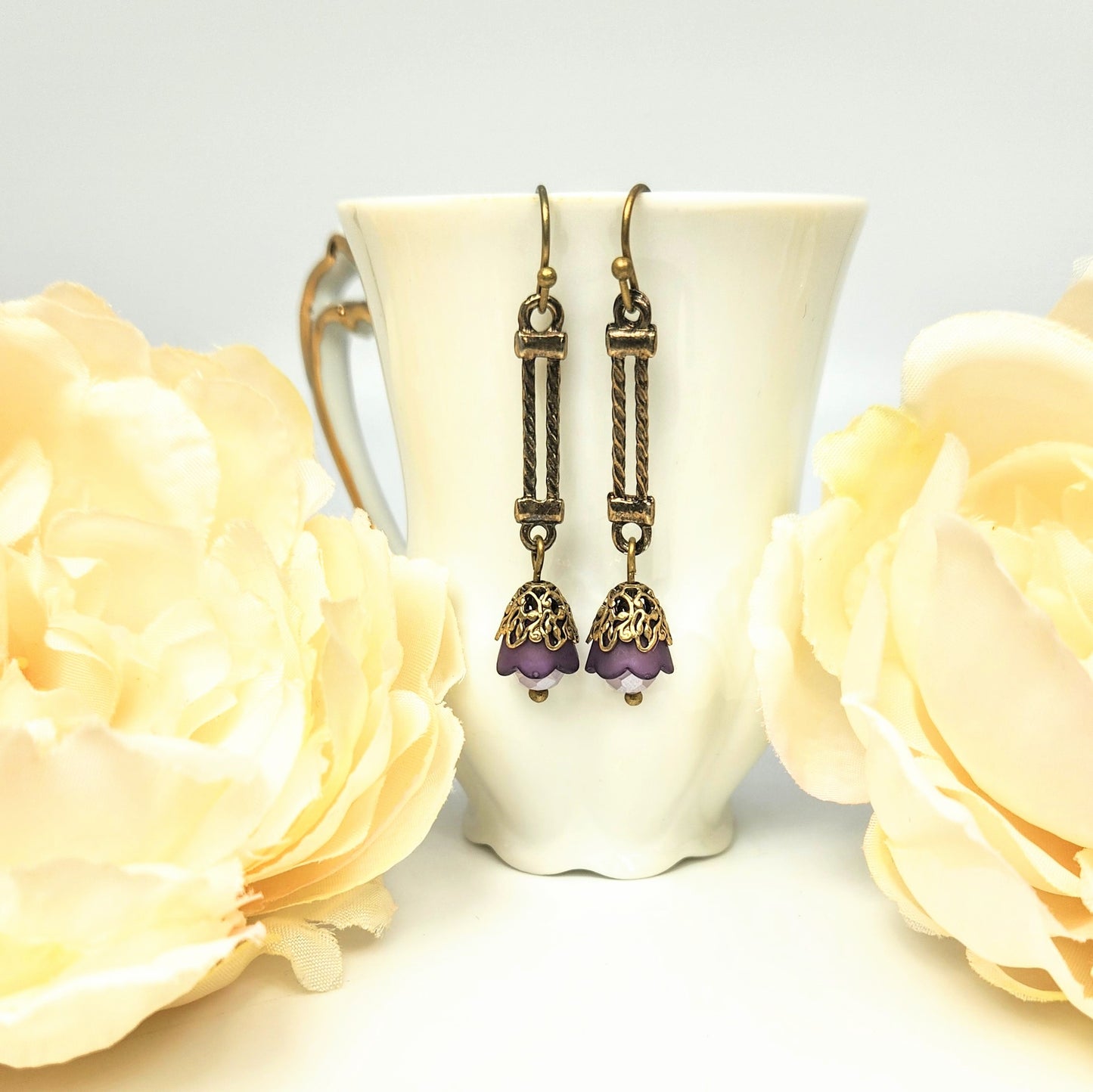 Bell Flower Purple + Bead Cap Earrings