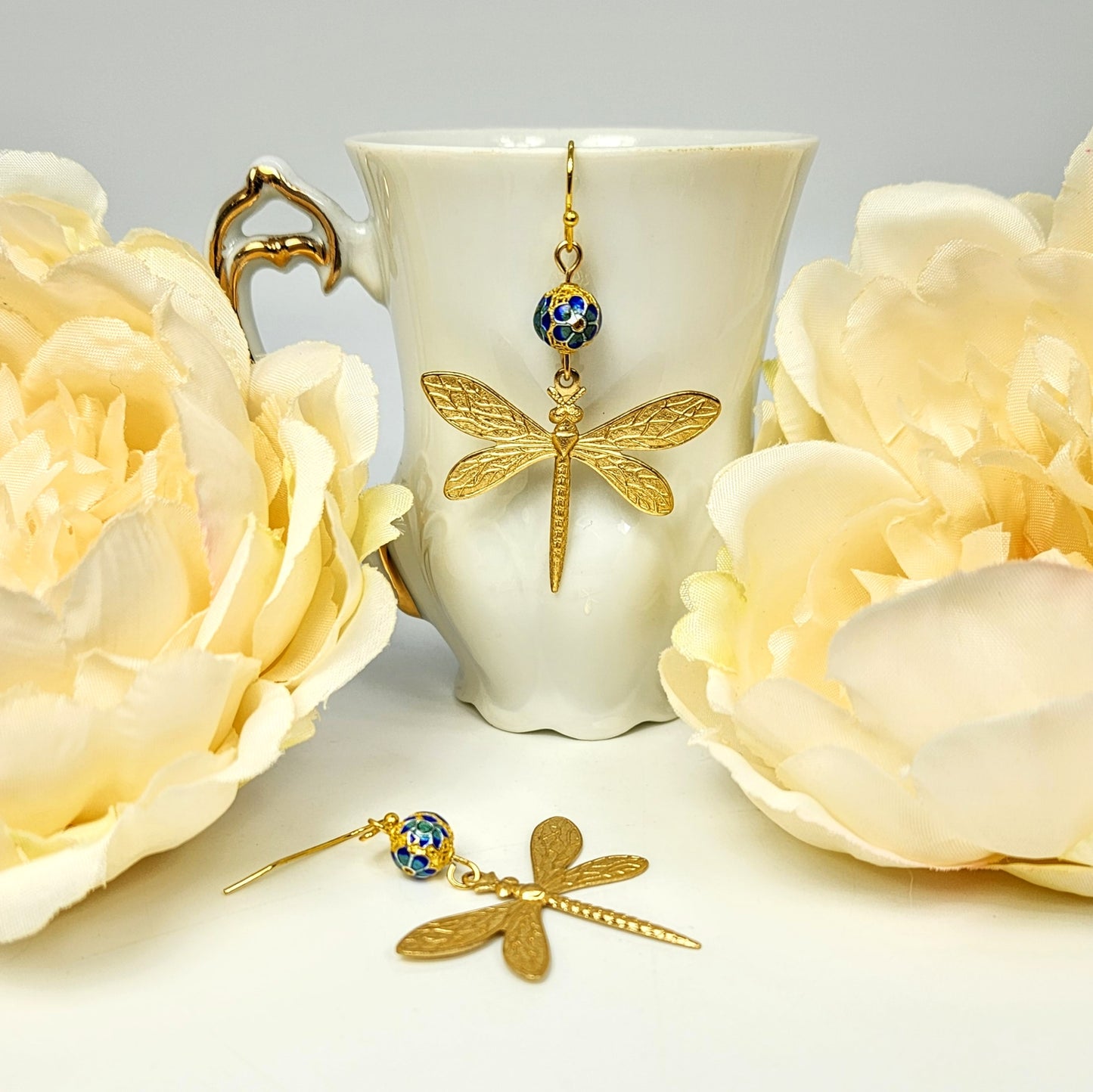 DragonFly Large + Cloisonne Blue Lotus Earrings