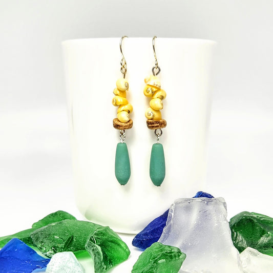 Snail Shells + Recycled Glass Teardrop Earrings