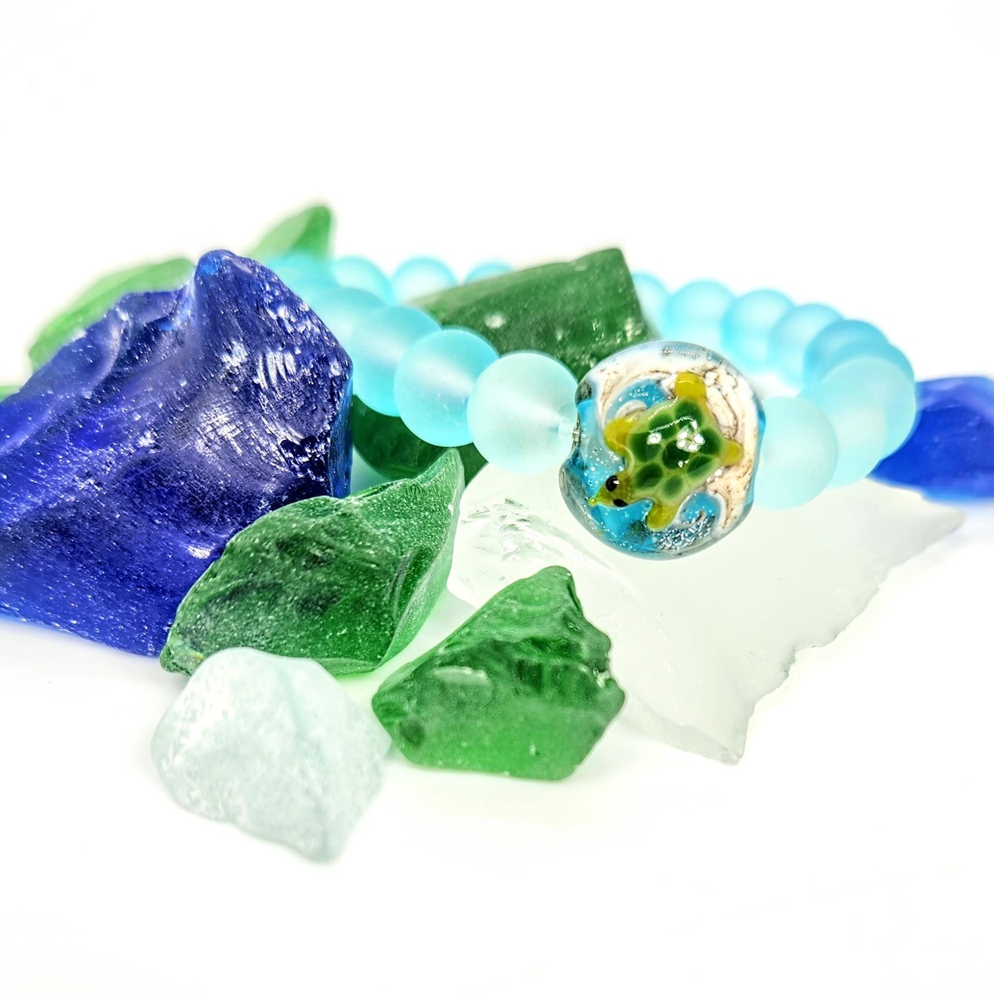 Sea Turtle + Dyed Recycled Glass Bracelet