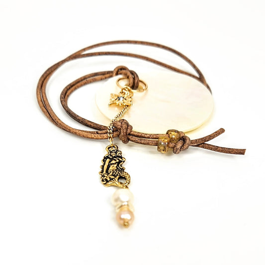 Shell + Mermaid Pendant + Leather Necklace